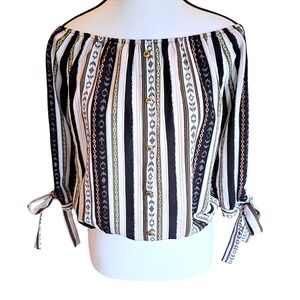 Papermoon Boho Off The Shoulder Blouse Womens Small Stripe Tie Back Crop Top S